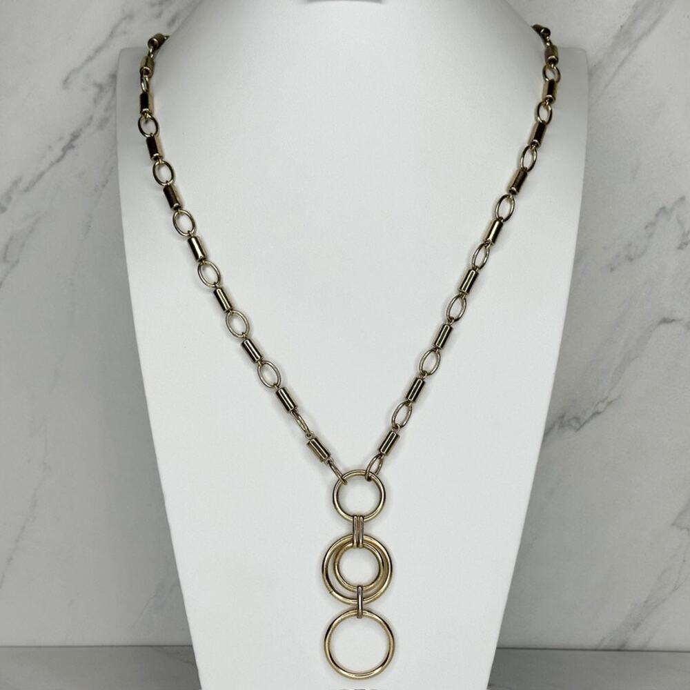 Chico's Y Drop Gold Tone Necklace Circle Rings 31-34in ✨